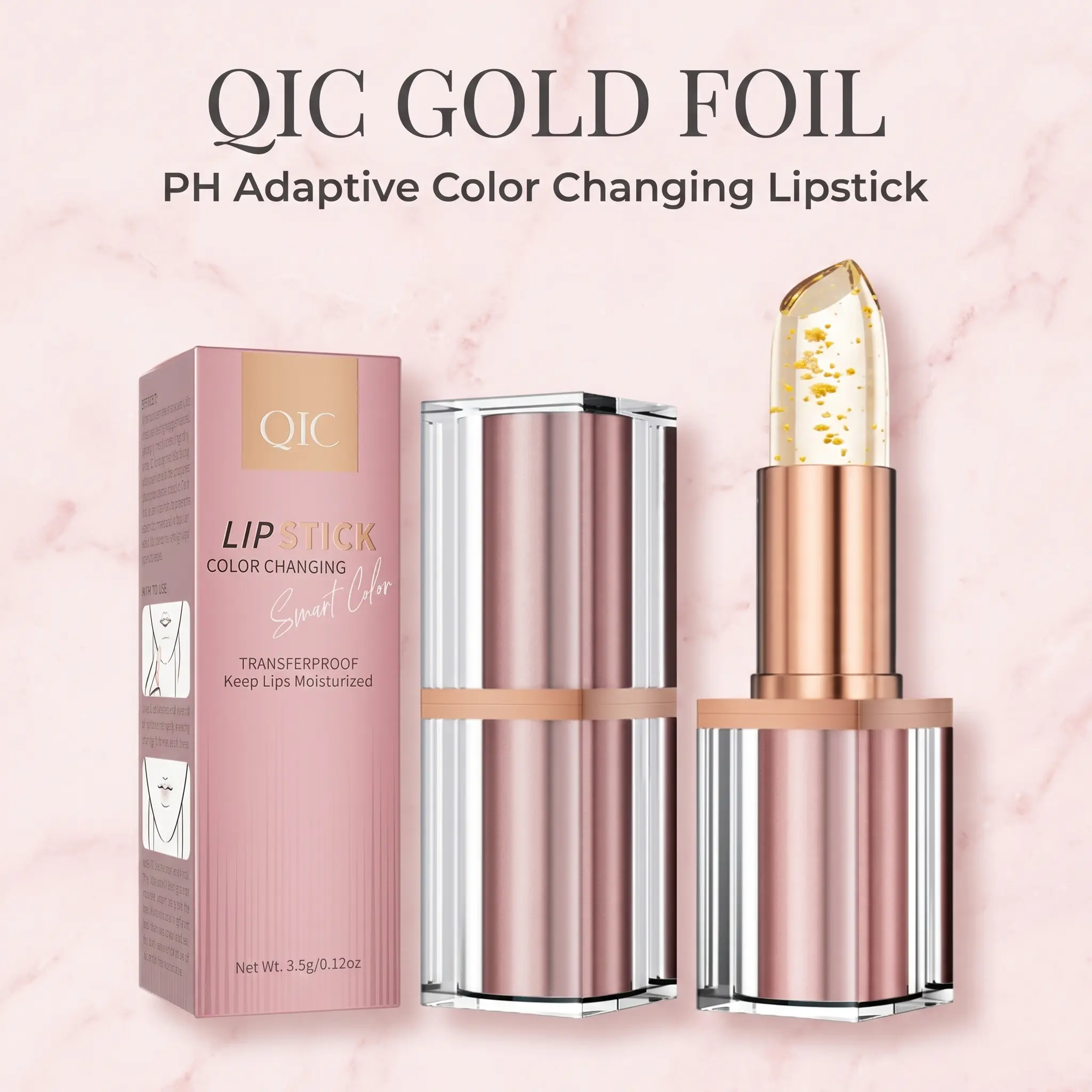 QIC Gold Foil Color-Changing Lipstick, PH Adaptive Tinted Lip Balm, Long-Lasting Hydrating & Nourishing Clear Lip Gloss