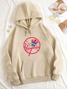 Yankees Baseball Geometric Letter Print Hoodie for Women, Fall & Winter Loose Fit Fleece Sweatshirt, Casual Style