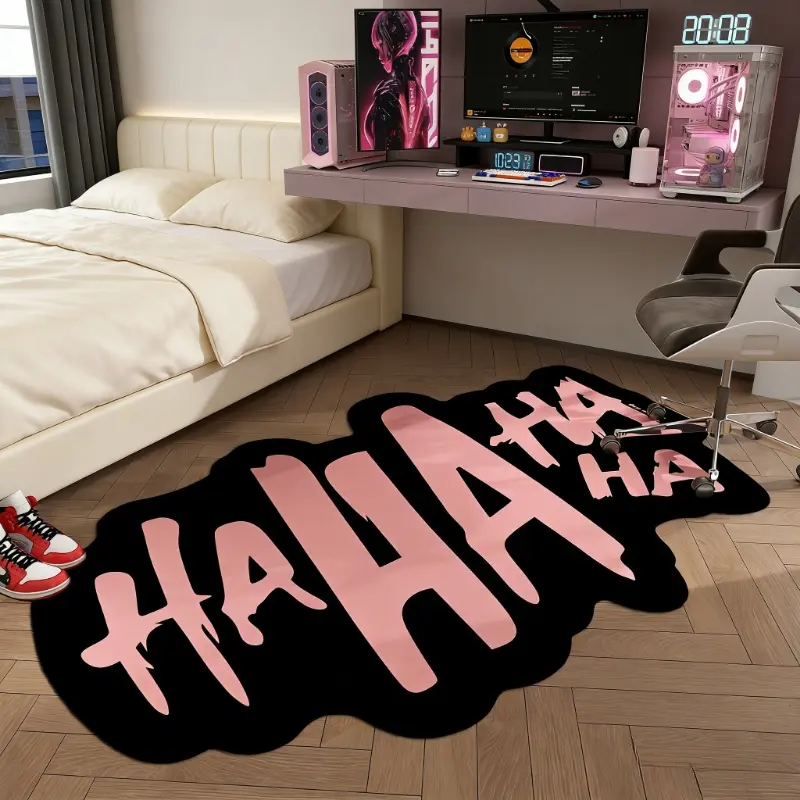 Personalized HAHA letters bedroom special-shaped carpet, Home Decorative Rug, Letter Pattern Rug, Letter Print Rug, black and pink contrast color e-sports room carpet living room sofa area non-slip carpet plush floor mat home washable bay window carpet