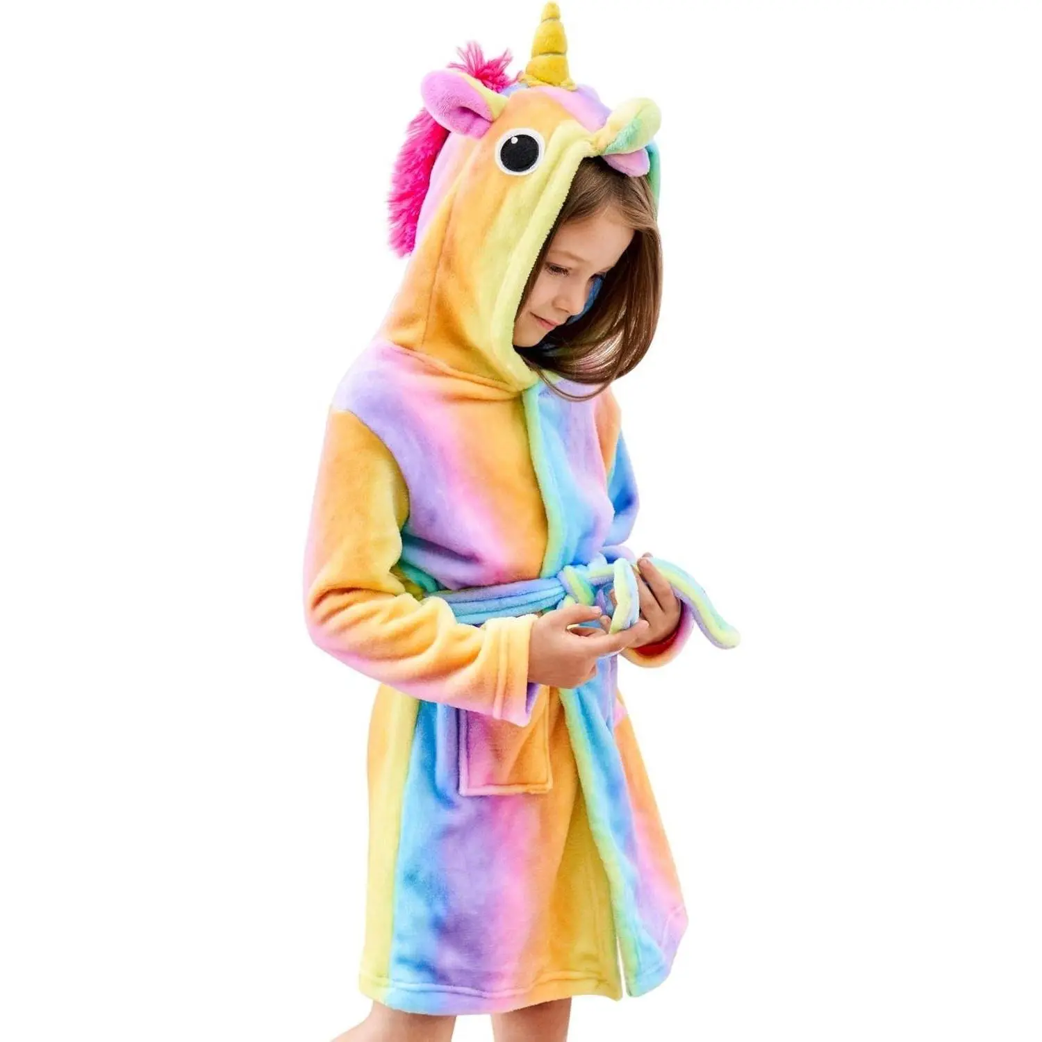 LYZ-NG11 Girls' Soft Hooded Bathrobe - Cartoon Print Sleepwear, Unicorn Graphic Design, Ideal Gift for Girls