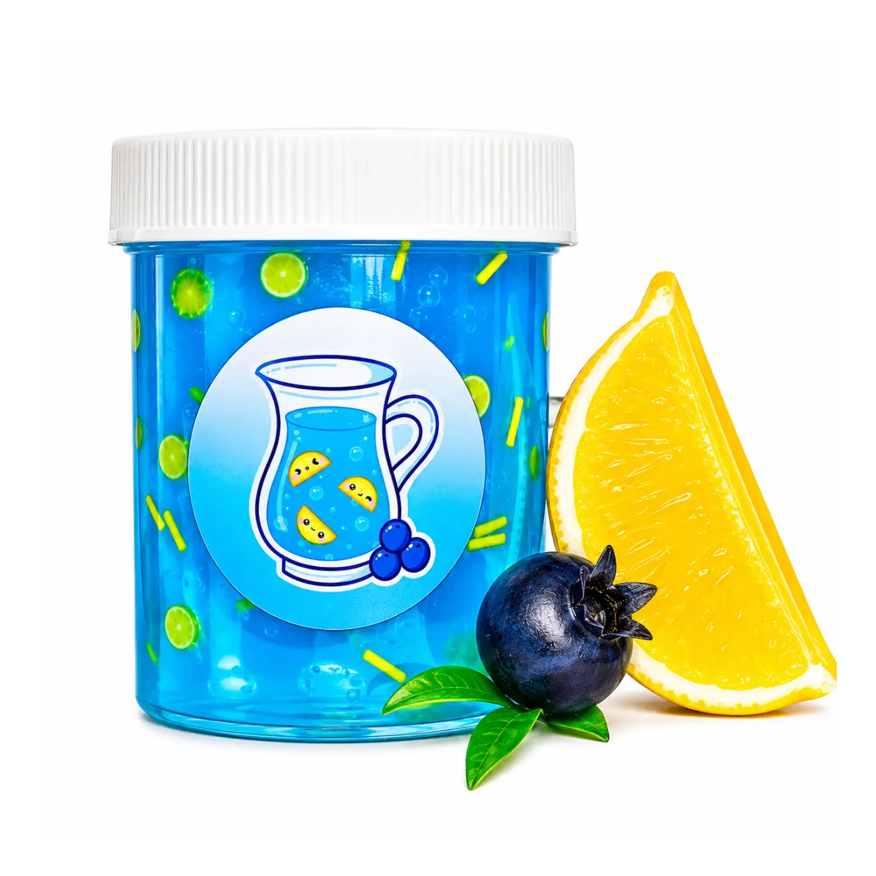 Hoshimi Slimes Blueberry Lemonade Clear Pigment Slime Handmade Scented Sensory Toy for Ages 8+ with 7 Plastic Fruit Pieces Unique Thick Stretchy Texture
