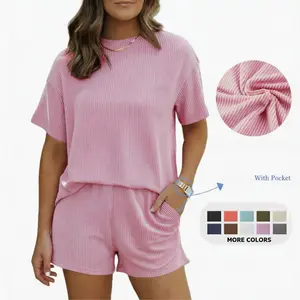2026 Summer Women's 2 Piece Sets Ribbed Textured Knit Short Sleeve Top and Shorts Set  Casual  Loungewear Shorts Sets