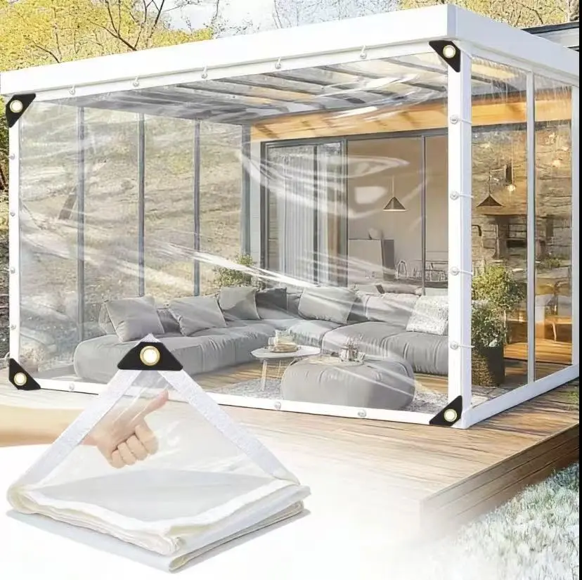 Transparent Heavy-Duty Clear PVC Waterproof Tarp with Rivet-Sealed Reinforced Metal Grommets, Draw Cords, Insulated Wind-Cold Resistance, Dust-Proof Canopy Cover for Patio, Greenhouse Winter Use