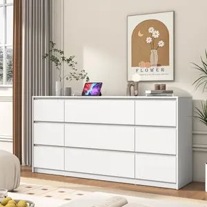 Black/ White Dresser for Bedroom, Modern 9 Drawer Dresser with Charging Station, 63 Inch Large Wood Chest of Drawers Handle Free, Long Dresser for Bedroom, Living Room, Entryway, Hallway