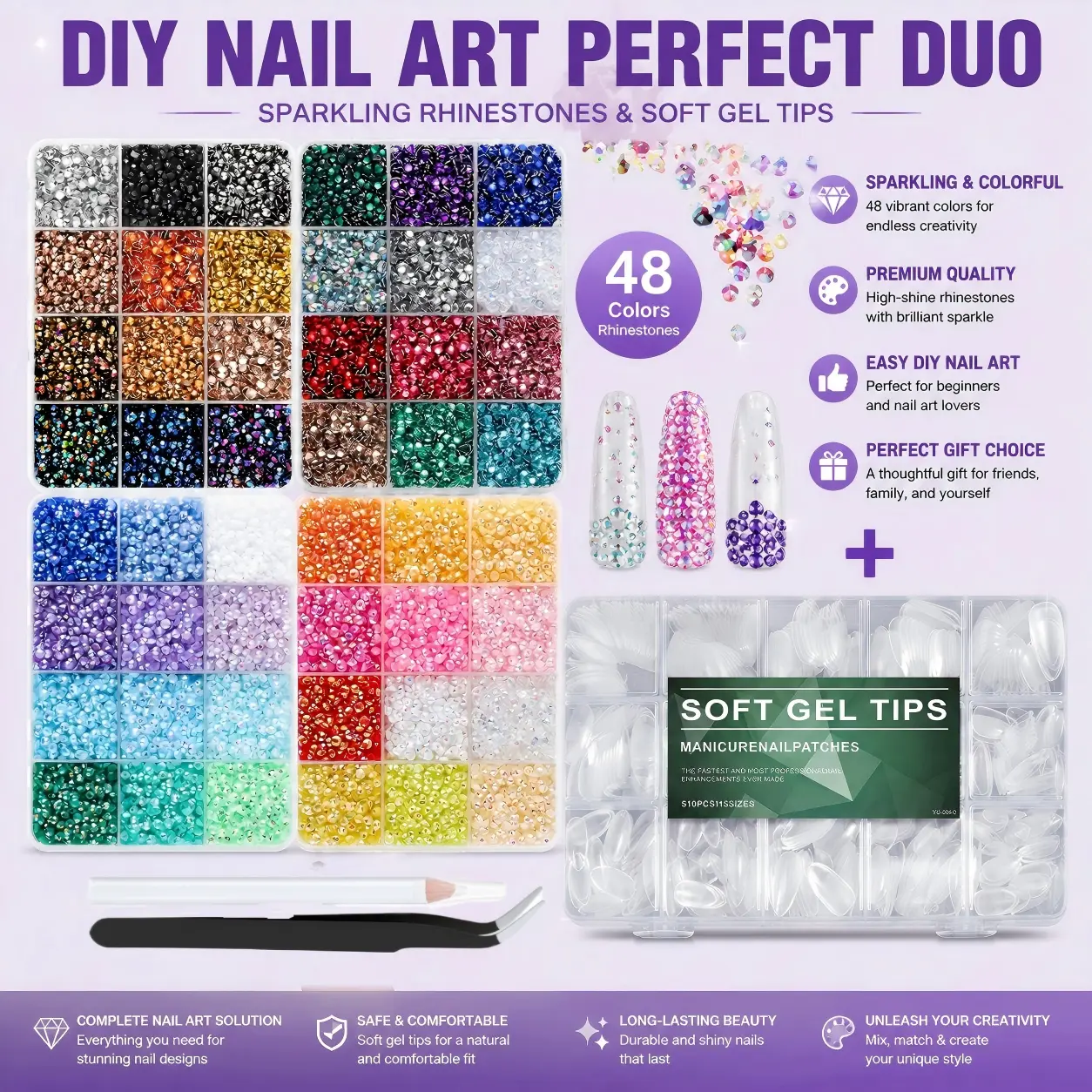 #Summervibes DIY Nail Art Set: 510PCS Pre-Etched Extra Short Clear Gel Tips & Gem Bedazzling Kit - 48Colors & 36000PCS with Mixed Resin Rhinestones, Tweezers, and Pick up Pen