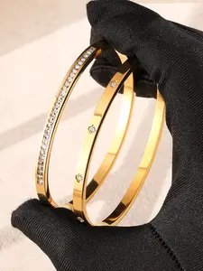 2 Piece Set Elegant Stainless Steel Bangle Bracelets with Sparkling Synthetic Zircon, Unisex Party Jewelry, All Seasons Wear