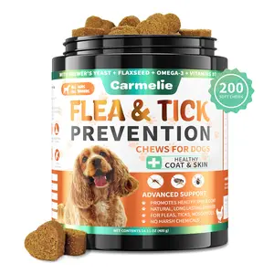 Carmelie Natural Flea & Tick Support for Dogs – 200 Chews, All Breeds & Sizes, Supports Healthy Skin & Coat with Omega-3, Puppy Flea Protection, Chicken Flavor Treats Poodle，1-4pcs