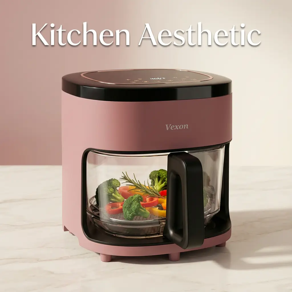 VEXON Blush Pink Glass Bowl Air Fryer 4.5QT - 6-in-1 Digital Household Appliances Kitchen Multifunctional Cooker with Viewing Window, 97% Less Oil, Quiet, Easy Clean, Ideal Gifts for Girly Girls