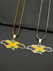 Jamaica Map National Flag Chain Women Men Stainless Steel Gold Color Country Faith Enamel Male Punk Pendant Necklaces, Enamel Detailing, All Seasons Wear