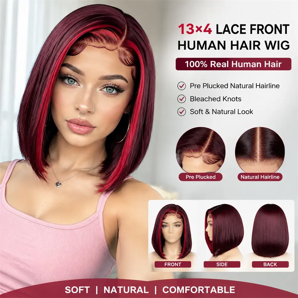 Glueless Highlight Red 99J Bob Wig Human Hair 13x4 Lace Frontal Wigs For Women Red Burgundy Lace Frontal Wig Super Double Drawn Bone Straight Short Bob Wig Colored Human Hair Wigs Pre Plucked 180 Density