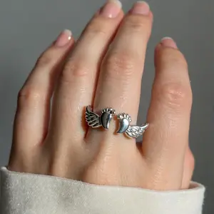 Adjustable Letter & Wing Design Cuff Ring, Fashionable Jewelry for Women, Elegant All-match Fashion Accessories for Daily Wear, Personalized Angel Ring, Engraved Ring