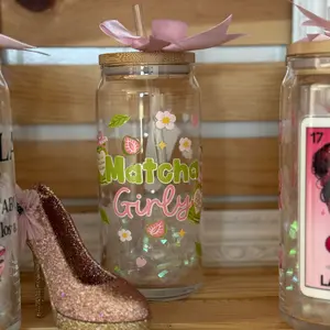 Matcha Girly 20 oz Glass Can Cup with Straw and Lid Pink Design Reusable Ideal for Beverages Drinkware