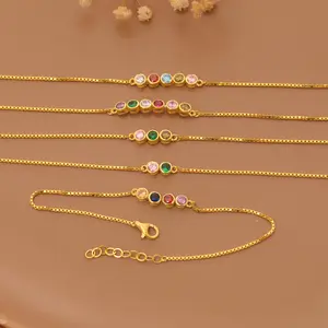 Personallized Gold Birthstone Bracelet, Gold Plated Box Chain Keepsake, Dainty Family Jewelry, Minimalist Month Stone Bracelet, Zirconia Gift