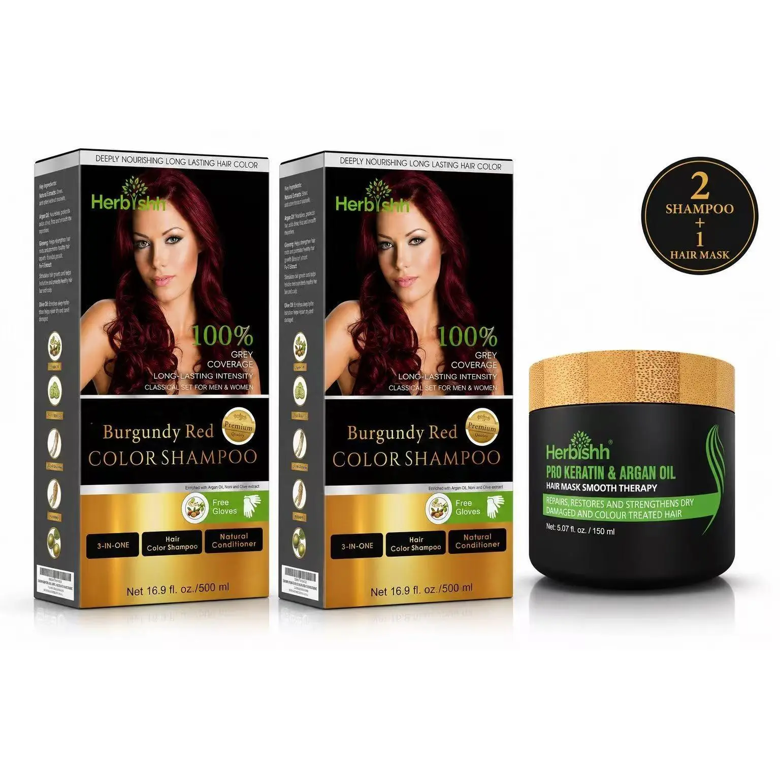 Herbishh Burgundy Red Color Shampoo 2 Pack + Pro Keratin & Argan Oil Hair Mask 1 Conditioner Haircare