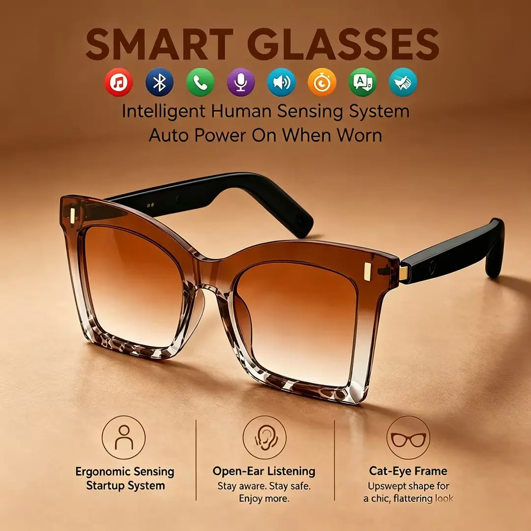 2026 New Women's Cat-Eye Smart Glasses, Bluetooth Wireless Audio Glasses Equipped With Smart Wearable Sensors, Automatically Connect To Bluetooth When Worn, Suitable For Driving, Daily Life And Outdoor Activities