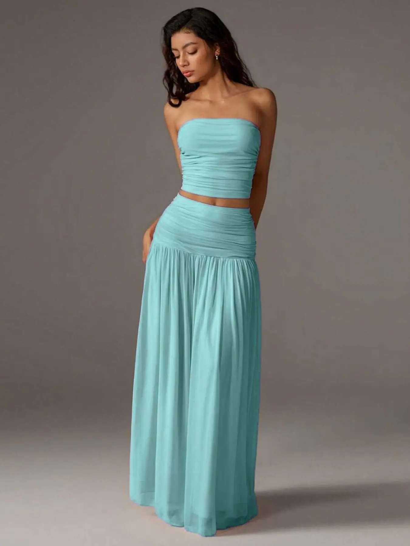 Women's Mesh Solid Color Sleeveless Top and Long Skirt Two-Piece Set, Elegant Chic Comfortable Outfit for Daily Wear, Perfect Summer Gift, Skirts Set, Matching Skirt Set