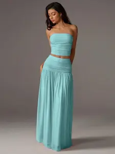 Women's Mesh Solid Color Halter Top Sleeveless and Long Skirt Two-Piece Set, Elegant and Comfortable for Daily Wear, Perfect for Summer Style