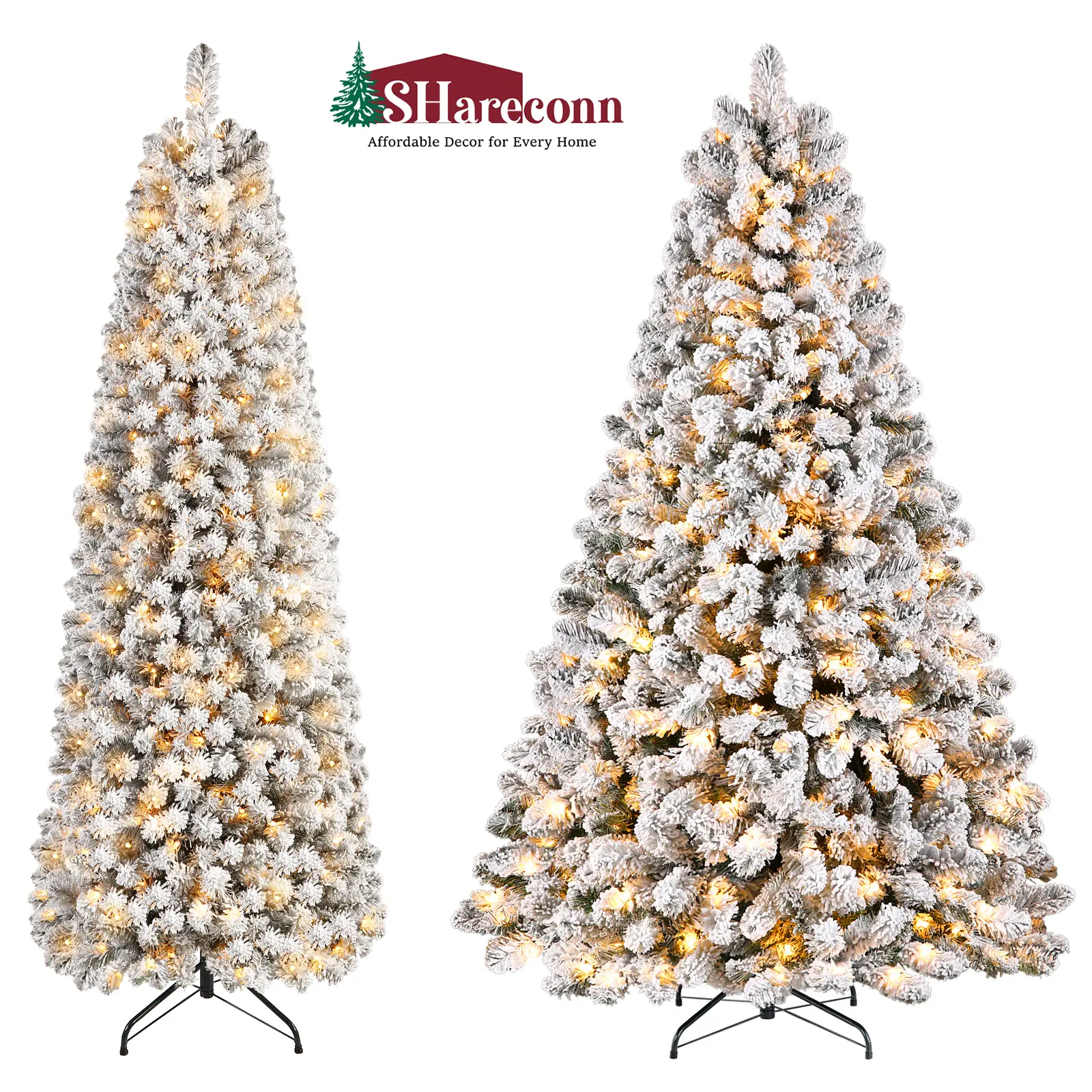 SHareconn 2026 PVC Prelit Artificial Christmas Tree Decoration - 6.5/7.5FT Snow Flocked Spruce, 1098/1400 Branch Tips, 380/420 Warm Toned LED Holiday Lights, Foldable Stand, Room Decor