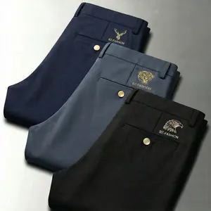 Men’s anti-wrinkle straight-leg dress pants, business-casual long trousers with button-and-zipper design, deer graphic jacquard pattern, classic solid-color suit pants for all seasons, professional attire, wear-resistant fabric, formal styling, stylish mi