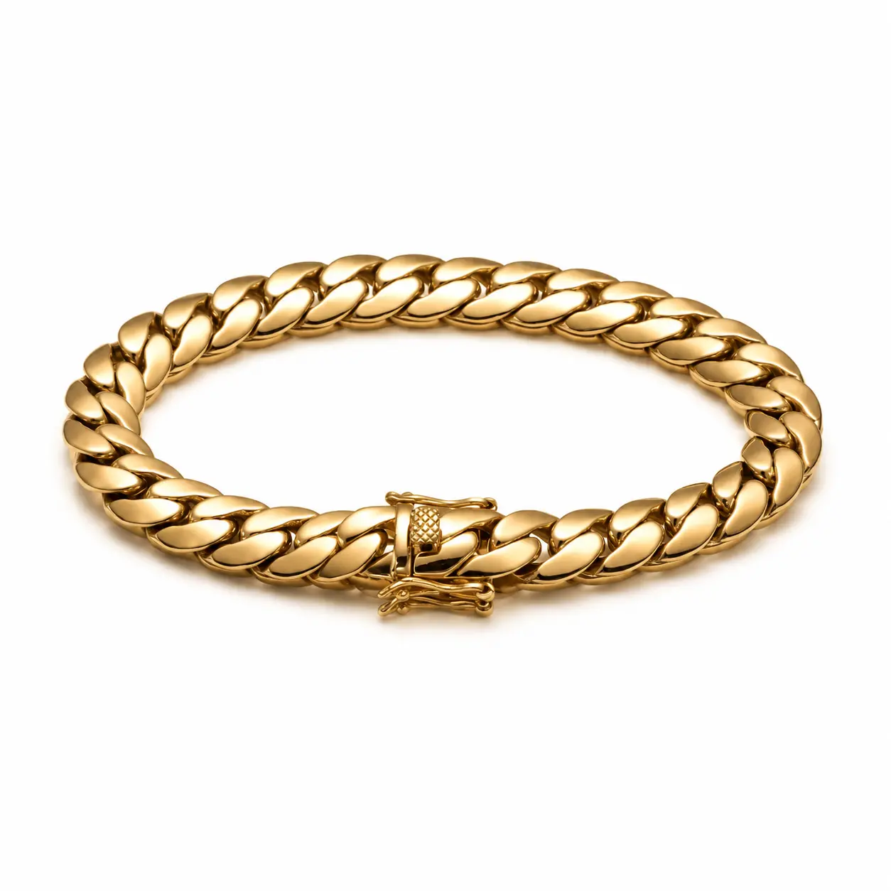 14K Gold Plated Encrypted Cuban Link Bracelet | Copper Flat Secure Clasp | Multiple Size & Width Options | Waterproof Non-Tarnish Hip Hop Wrist Jewelry for Men & Women