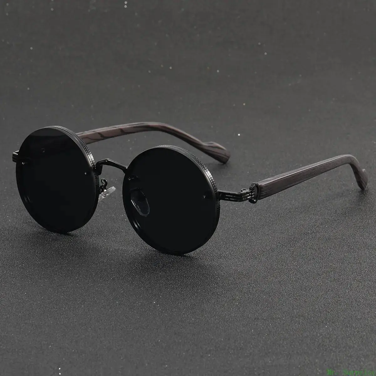 Men's Retro Round Sunglasses - Metal Full Frame, Faux Wood Grain Temples, Lightweight Aesthetic Black Dark-Lensed Unisex Vintage Fashion Eyewear Accessory, Men's Sunglasses, Aesthetic Men's Sunglasses