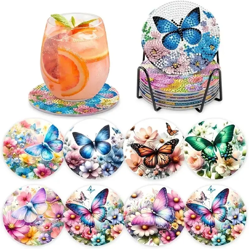 8-Piece Diamond Embroidery Coaster Set Butterfly Pattern (with Stand), Diamond Pattern Design, DIY Diamond Art Craft Kit for Beginners, Home Decoration Gift, Diamond Painting Kits