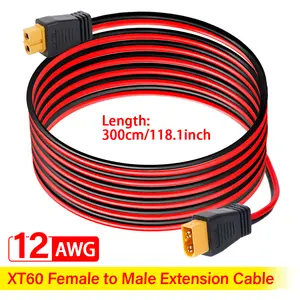 300CM 12AWG XT60 Male Conversion Female Connector Extension Cable , PVC Pure Copper Wire, For RV Portable Power Station Solar Generator RC Battery