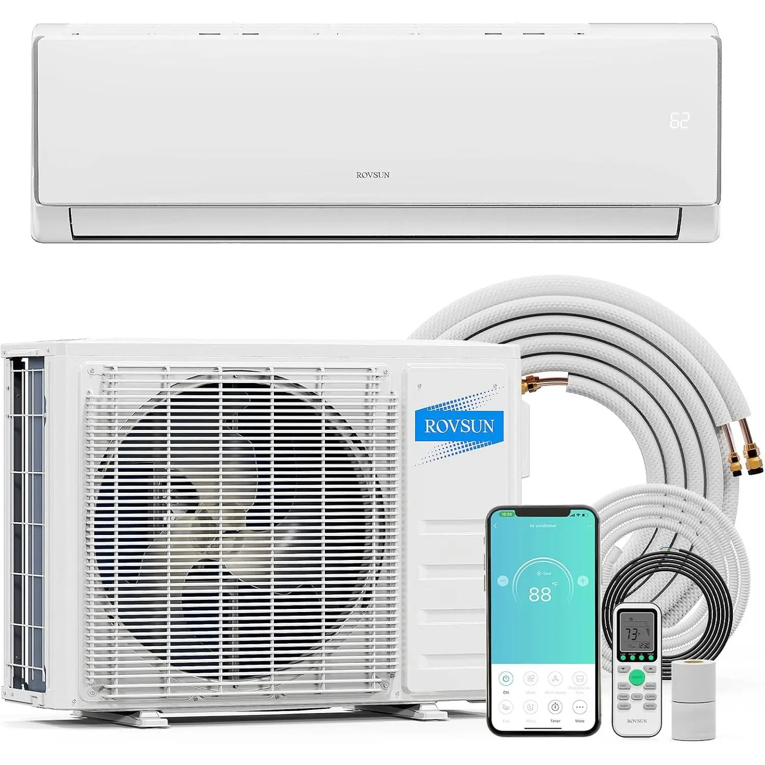 [Professional Installation Required][Ships in 2 Boxes] ROVSUN 11500 BTU Wifi Enabled Mini Split Air Conditioner & Heater, 17 SEER2 115V Inverter Ductless Wall AC Unit with Pre-Charged Condenser, Heat Pump & Installation Kit