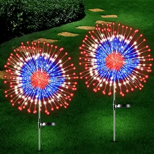 4th of July Decorations Outdoor Solar Lights, 2 Pack Fourth of July Red White and Blue Patriotic Decorations, Outdoor Solar Firework Fairy Lights with 120 LED 8 Modes for July 4th Decor