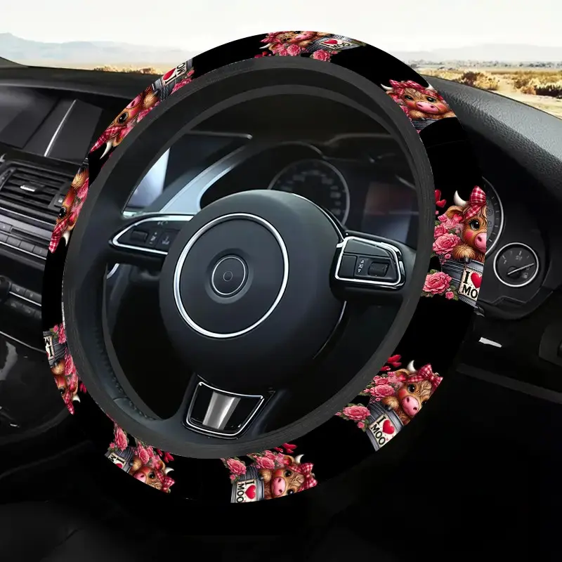 1pc 1.6 x 15 inch Highland Cow Pattern car steering wheel cover, Steering wheel protector, non-slip and comfortable, car interior accessory, car accessories, no inner ring, easy to install and remove, suitable for all car models, holiday gift, 1.20CYJ-6