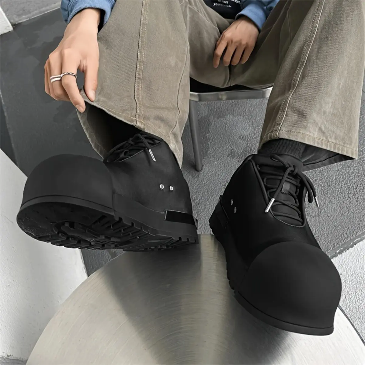 Men's Black Platform Sneakers - Round Toe, Lace-Up, Rubber Sole, Synthetic Upper, Comfortable Casual Shoes for Casual Attire Closed Footwear