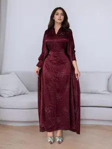 Women's Long Arab Robe, Tie Back Design, Loose-Fitting, Long Sleeve, Casual Style, Hotfix Rhinestones, All Seasons, Party Dress, Womenswear