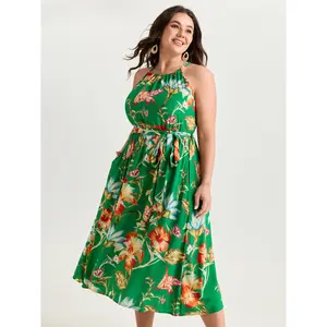 BLOOMCHIC Plus Size Large Floral Print Halter Neckline Midi Dress [M-6X]2026 Summer Vibes Swimweek