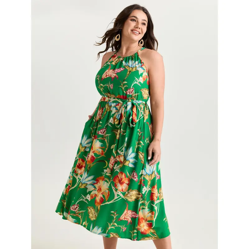 green halter neck dress Lanna Halter Neck Maxi Dress in Green Cotton – St Frock main image 1