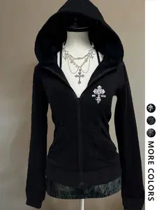 Women's Y2K Graphic Jacket, Gothic Style Hoodie, Fitted Cross Print Design, Fall & Winter Warm Comfortable Outerwear, Trendy Casual Wear