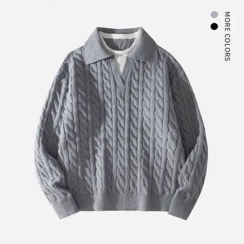 SAND SOUND Men's Stylish Loose Polyester Knitted Long-Sleeve Pullover Sweater - V-Round Neck, Off-Shoulder, Fake 2-Piece Design, Casual Top for Daily Wear, Halloween