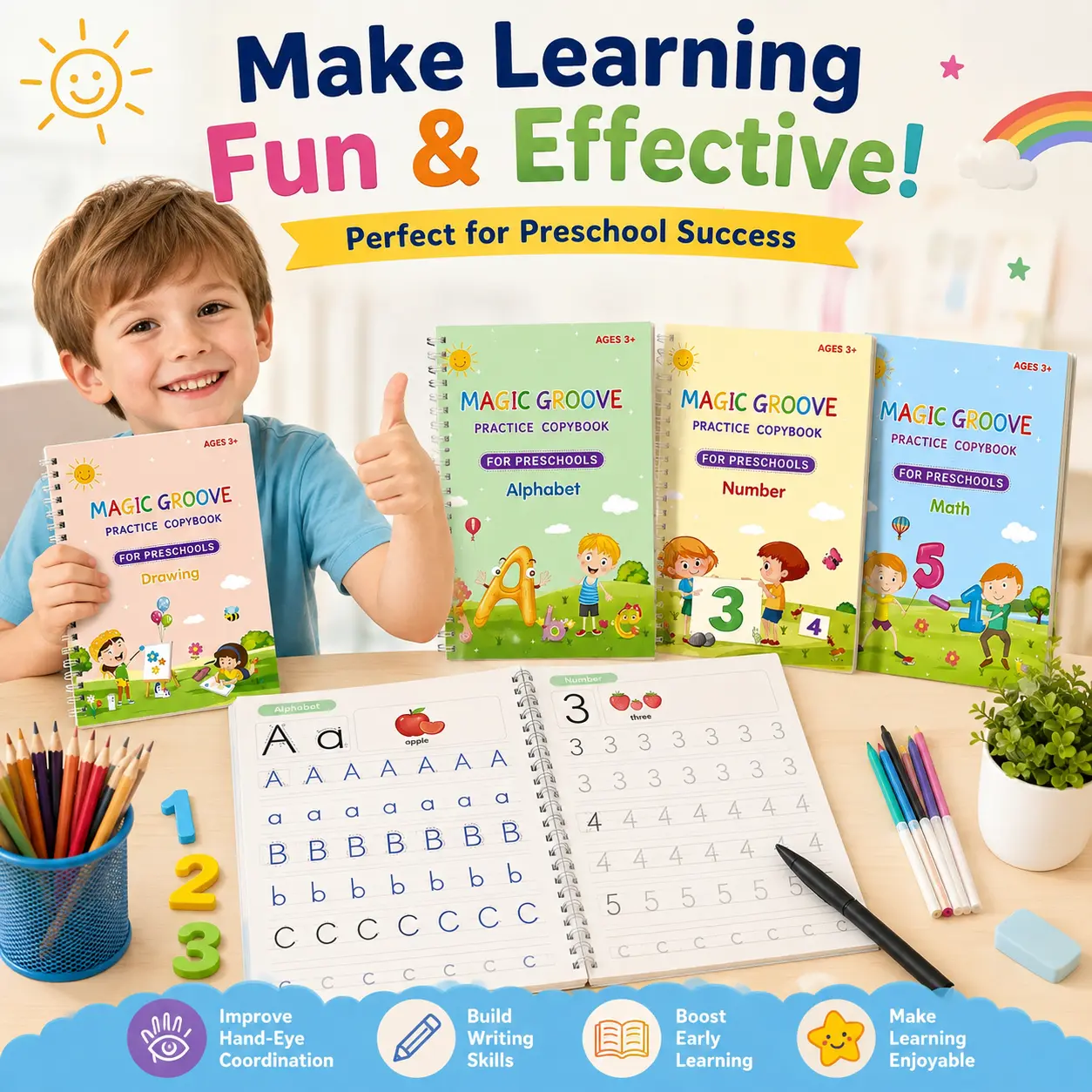 4 Pcs Magic Grooved Practice Copybook, Reusable Writing Magic Book, Grooved Handwriting Workbooks, Large Practice Scribe Book Set for Kids Preschool Calligraphy Learning Number Letter Math Drawing Tracing Books