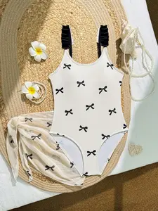 Girls' Bow Print One-Piece Swimsuit with Matching Skirt, Fashion Casual Two-Piece Set, Bow Swimwear, Summer Vacation, Swimwear Sets