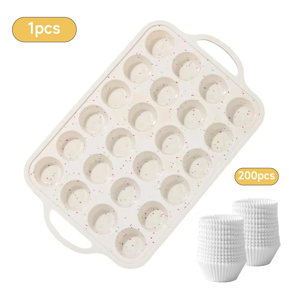 Silicone Mini Muffin Pan with Metal Reinforced Frame – 24-Cup Non-Stick Silicone Cupcake Pan +200pcs Standard White Cupcake Liners for Bakingfor Mini Muffins, Cupcakes, Egg Bites, and Candy – Durable,Dishwasher Safe