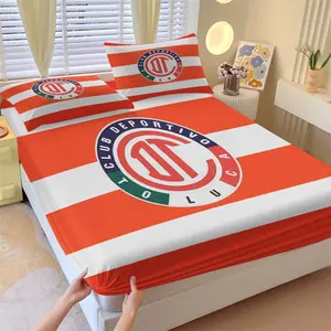 Deportivo Toluca Crest Fitted Sheet Set, 1 Fitted Sheet & 2 Pillowcases No Core, Red White Striped Base With a Tricolor Ring Round Badge, Soft Anti-Wrinkle Washable, Football Fans, Teens Bedroom Decor, Decorative Bedsheet Sets
