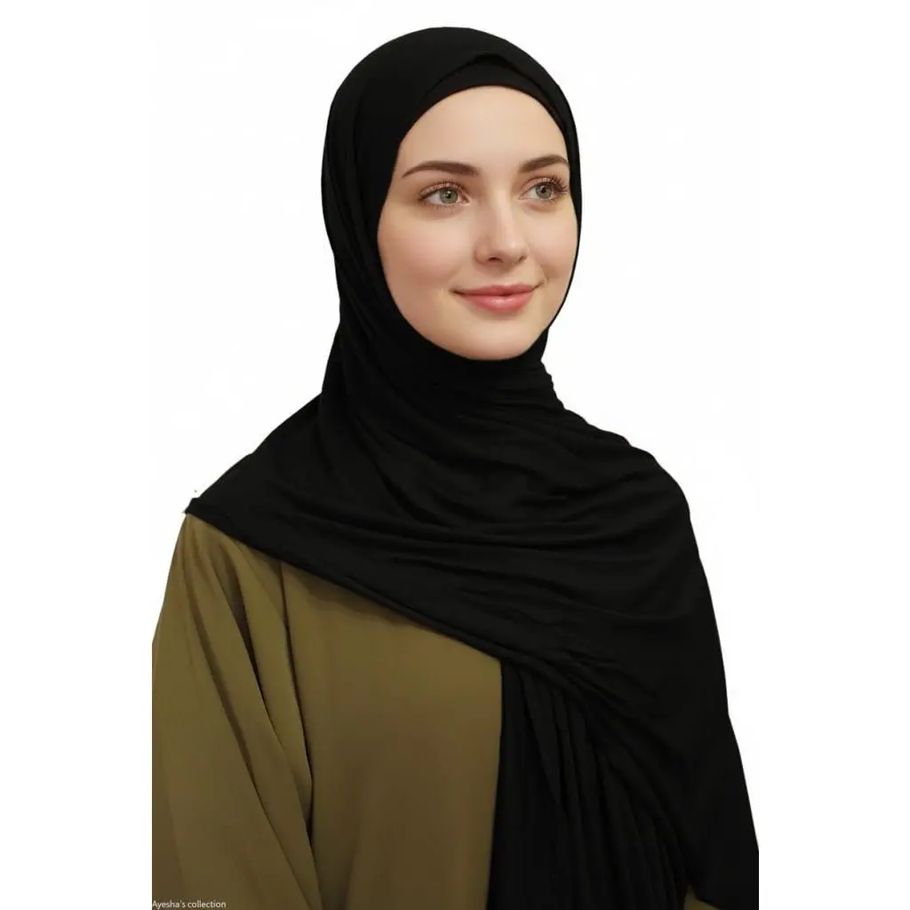 Premium Quality Cotton Jersey Hijab - Head Scarf, Modesty Scarf, 72" x 30", All Seasons, Black