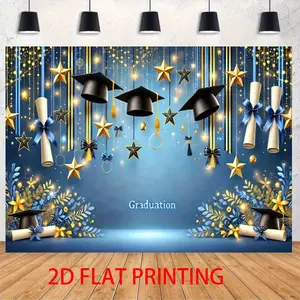 Graduation & Grad Party Backdrop – Golden Stars Floral Theme Tapestry, Wall Hanging, Photography Background, Polyester HD Print, Party, Celebration, Event Decor