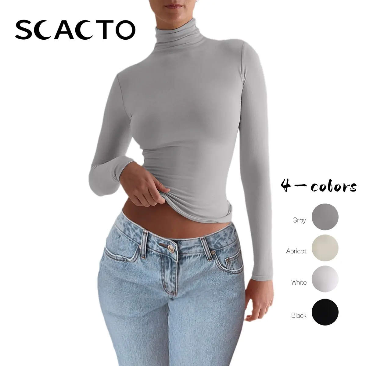 Scacto Lady's Asian Style Slim-Fit Knitting Long Sleeve Pullover, Solid Crew Neck Soft Polyester Thermal Base Layer Shirt, Stretchy Underwear for Jeans Pairing, Fabric