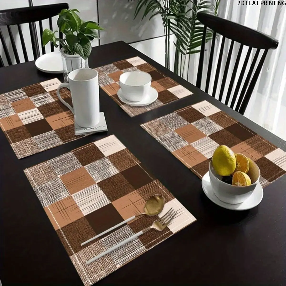 2D flat printing, 2-piece/4-piece/6-piece/8-piece set, retro brown geometric placemat - washable, rectangular table mat, suitable for home and kitchen decoration, Kitchen Decorative Placemat, Table Placemats, Household Placemat