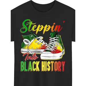 Men'S Black History Month T-Shirt | 180g Heavyweight 100% Relaxed Fit Tee with Stepin' to Black History Sneaker Design & Vibrant African Cultural Print, Breathable Casual Streetwear for Black History Celebration