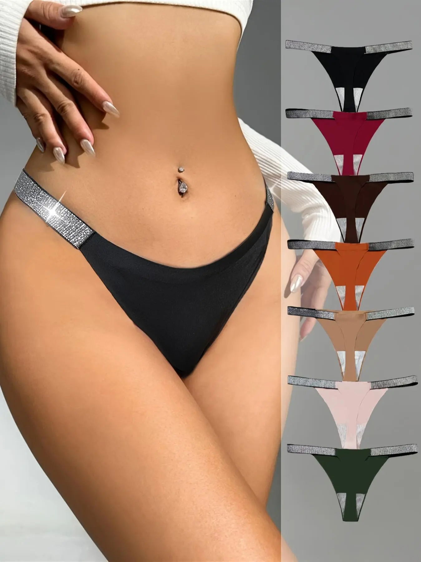 Women's 7pcs Solid Glitter Tape Thong, Soft Comfortable Breathable Fitted Basic Knitting Fabric Drop Waist Casual Panty for Daily Wear, Women's Underwear for All Seasons Womenswear Soft Breathable Panties