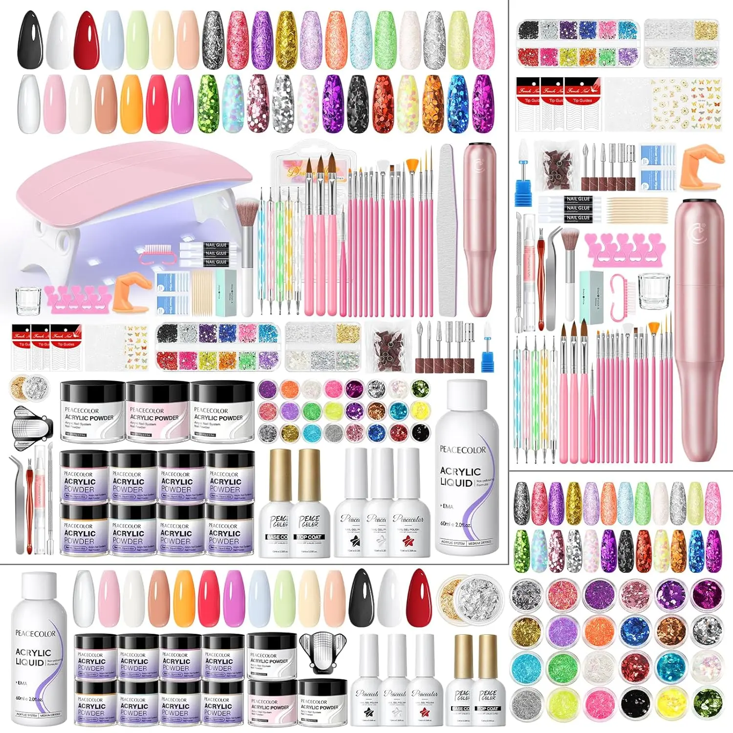 Acrylic Nail Kit for Beginners with All Essentials - 11-Color Acrylic Powder, Drill, UV Light, 3 Pcs Nail Polish, 24 Pcs Glitter Powders, Rhinstones for Manicure & Extensions, Home Gift Set Nail Art Kits Uv Gel Set