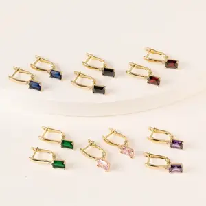 14K Gold Plated Rectangle Stone Drop Earrings Multi Color Elegant Jewelry for Women Blue Black Red Green Pink Purple Secure Lever-Back Closure
