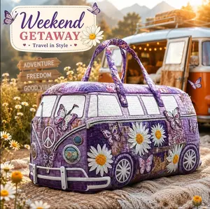 Women's Purple Butterfly Daisy Quilted Duffel Bag - Retro Hippie Large-Capacity Gym Duffel, Boho Floral Weekender Tote for Camping, Road Trips