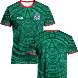 Mexico National Team Aztec Calendar Print Soccer Jersey Gray Red Breathable Quick Dry Short Sleeve for Mexico Fans, Mexican Culture Enthusiasts Latin American Soccer Supporters Collectors